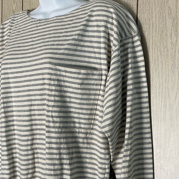 Vintage Oversized Tunic Sz M Drawstring Drop Waist Cream with Gray Stripes Retro - Picture 3 of 7